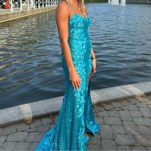 JOVANI TEAL FLOWER PROM DRESS